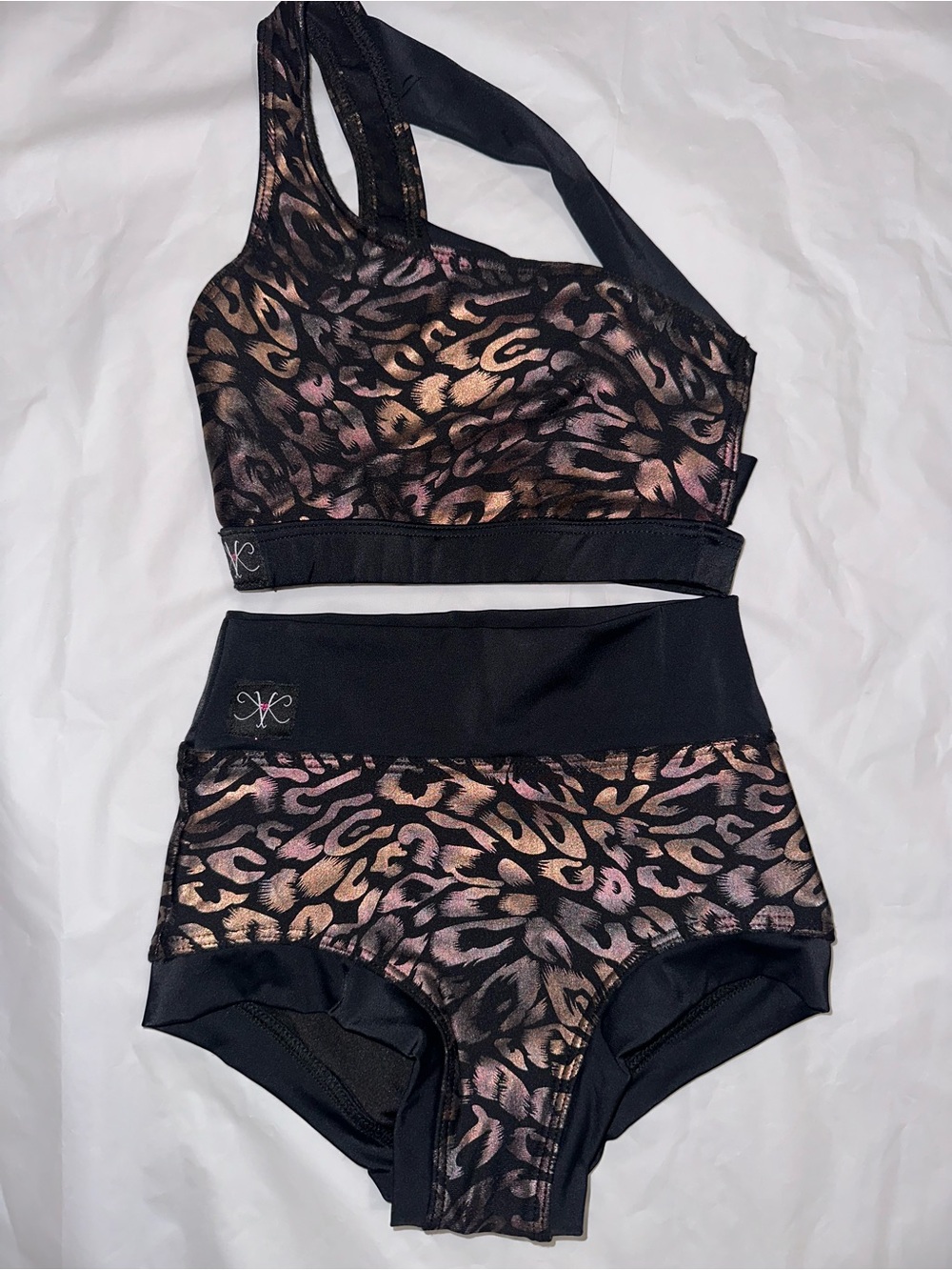Kids Dance Two-Piece Set - Black with Metallic Rose Gold Animal Print